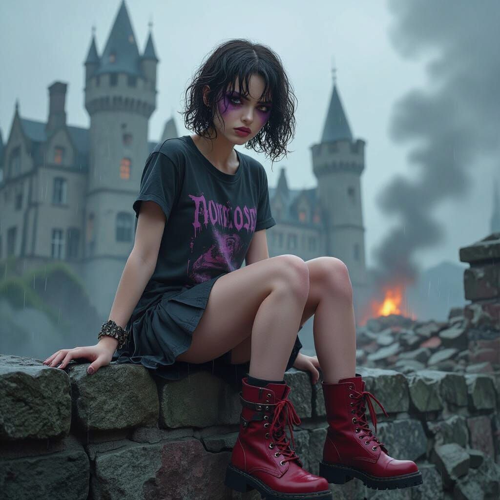Gothic Girl Climbing Castle Wall in Dark Aesthetic