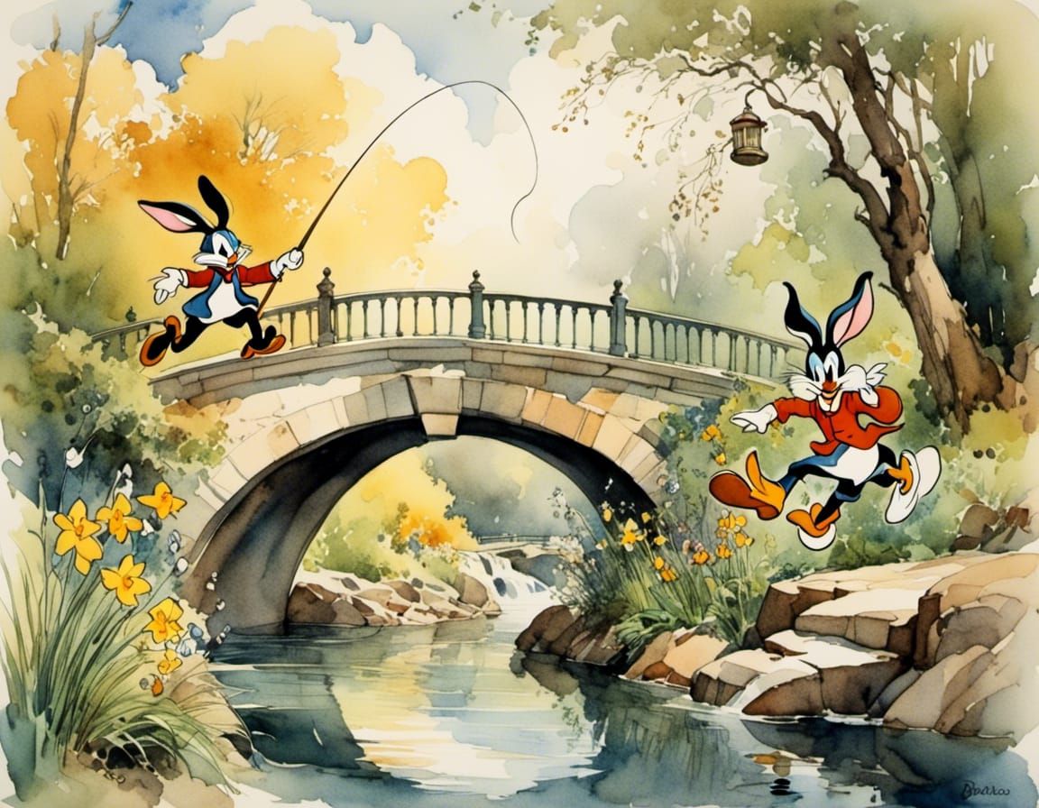 Bugs Bunny and Daffy Duck Fishing, Watercolor Style