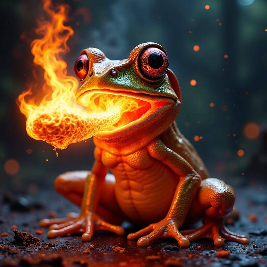 Surprised Fire Frog Shoots Fire in Hyperrealistic Style