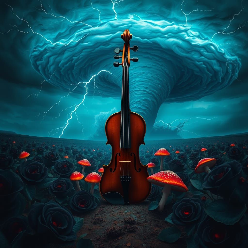 Surreal Landscape with Violin, Black Roses, and Red Mushroom...