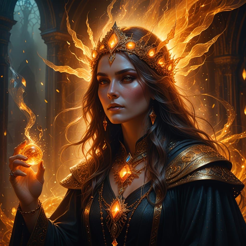 Elegant Amber Sorceress in Radiant Fog
