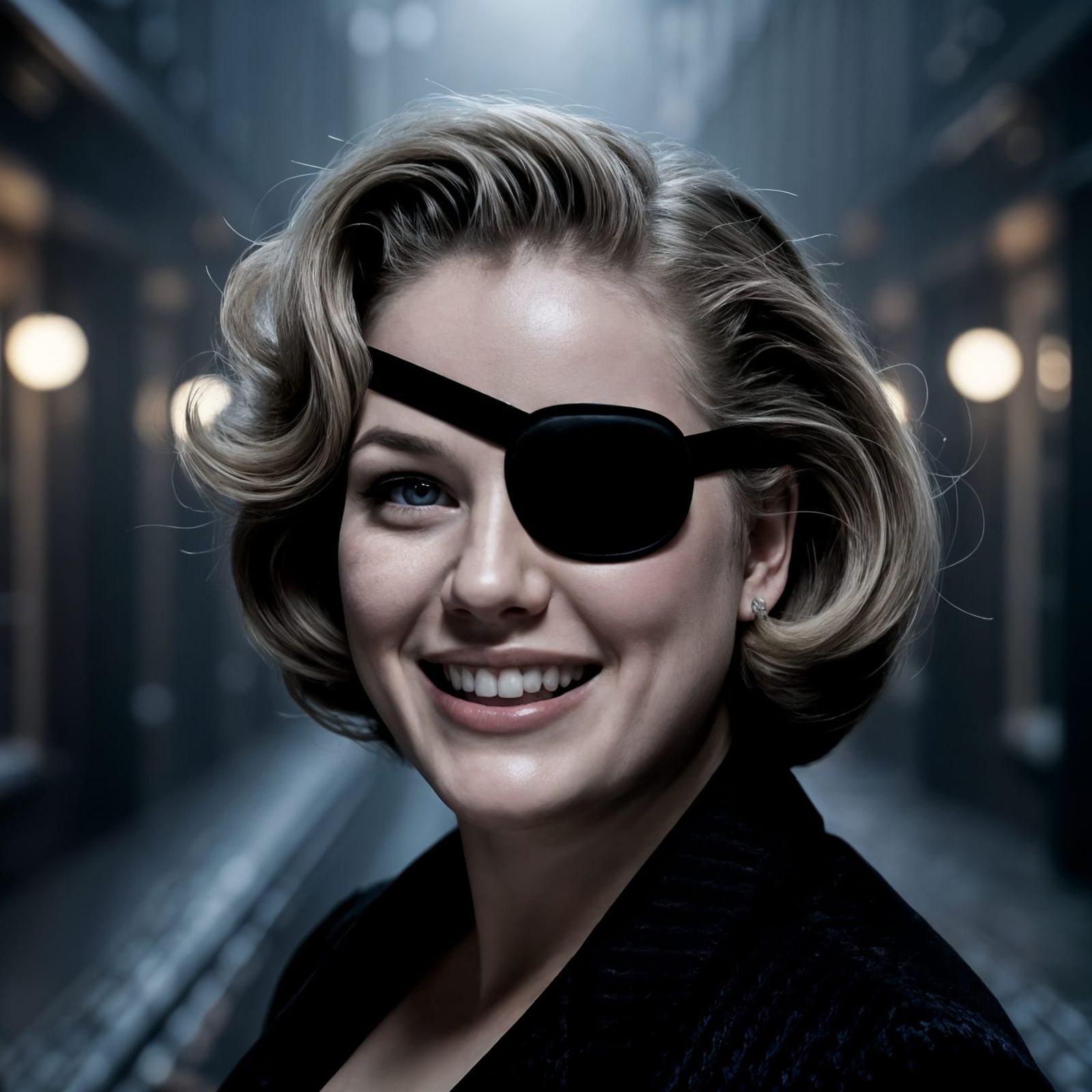 Glamorous Woman with Eyepatch in Moody Film Noir Setting