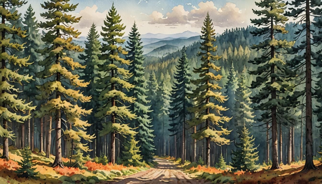 Autumn Pine Forest Watercolor Illustration