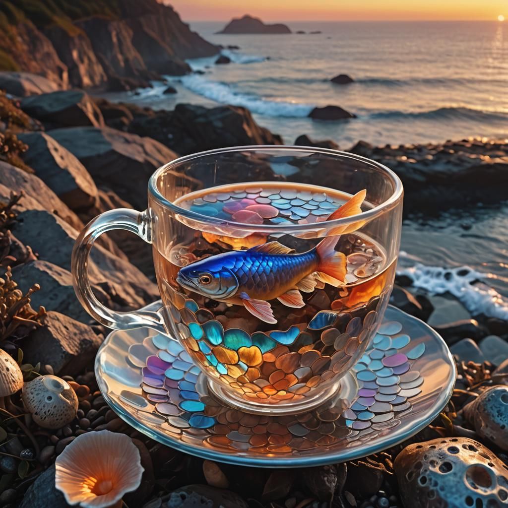 Surreal Coffee Cup with Fish and Mushroom