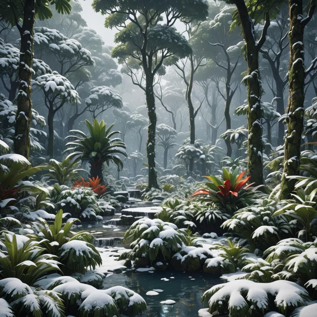 Snowfall in Tropical Forest: Fantasy Concept Art