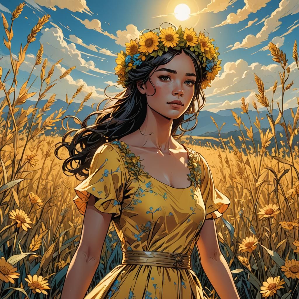 Girl with Flower Wreath in Comic Book Style