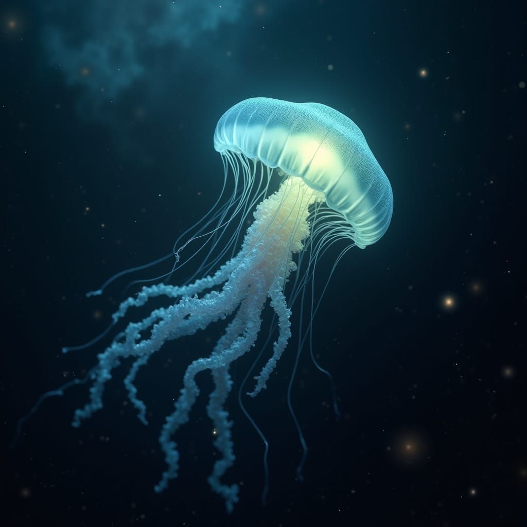 Cosmic Jellyfish Drifts through Dark Space in Bioluminescent...