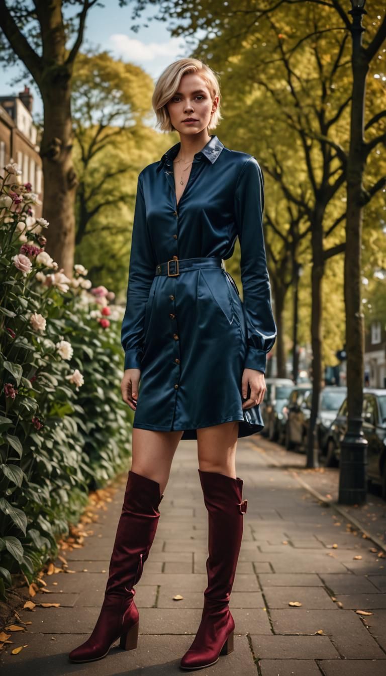 Woman in Blue Satin Dress in London Park
