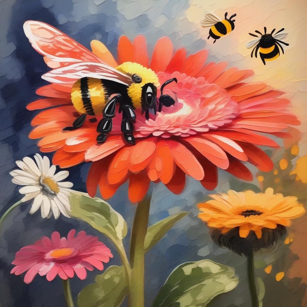 Gerbera with Insects in Gouache Impressionist Style