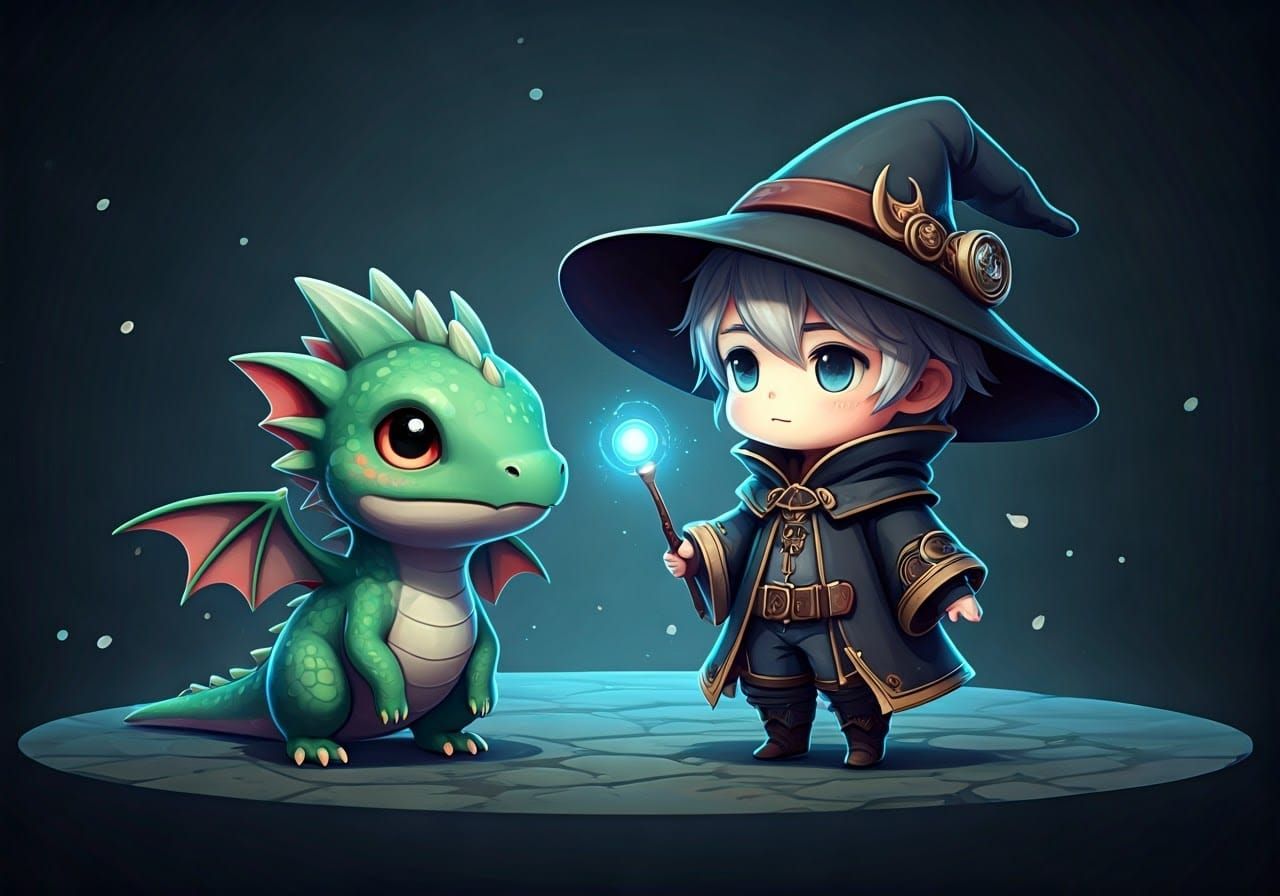 Chibi Wizard and Dragon in 3D Anime Art