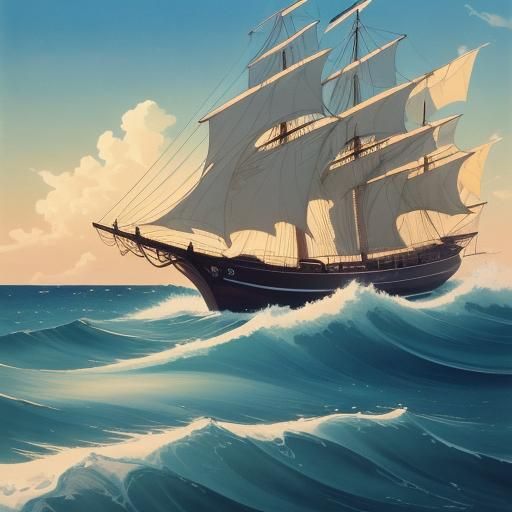 Anime Boat on Tranquil Sea at Golden Hour