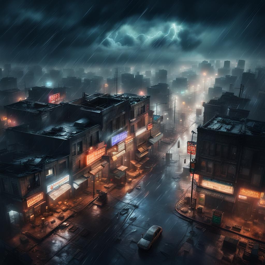 Post-Apocalyptic City at Night During Thunderstorm