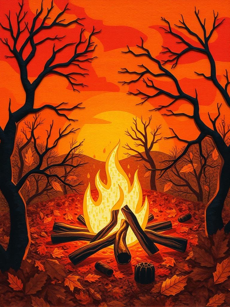 Autumn Bonfire in Paper Collage Style