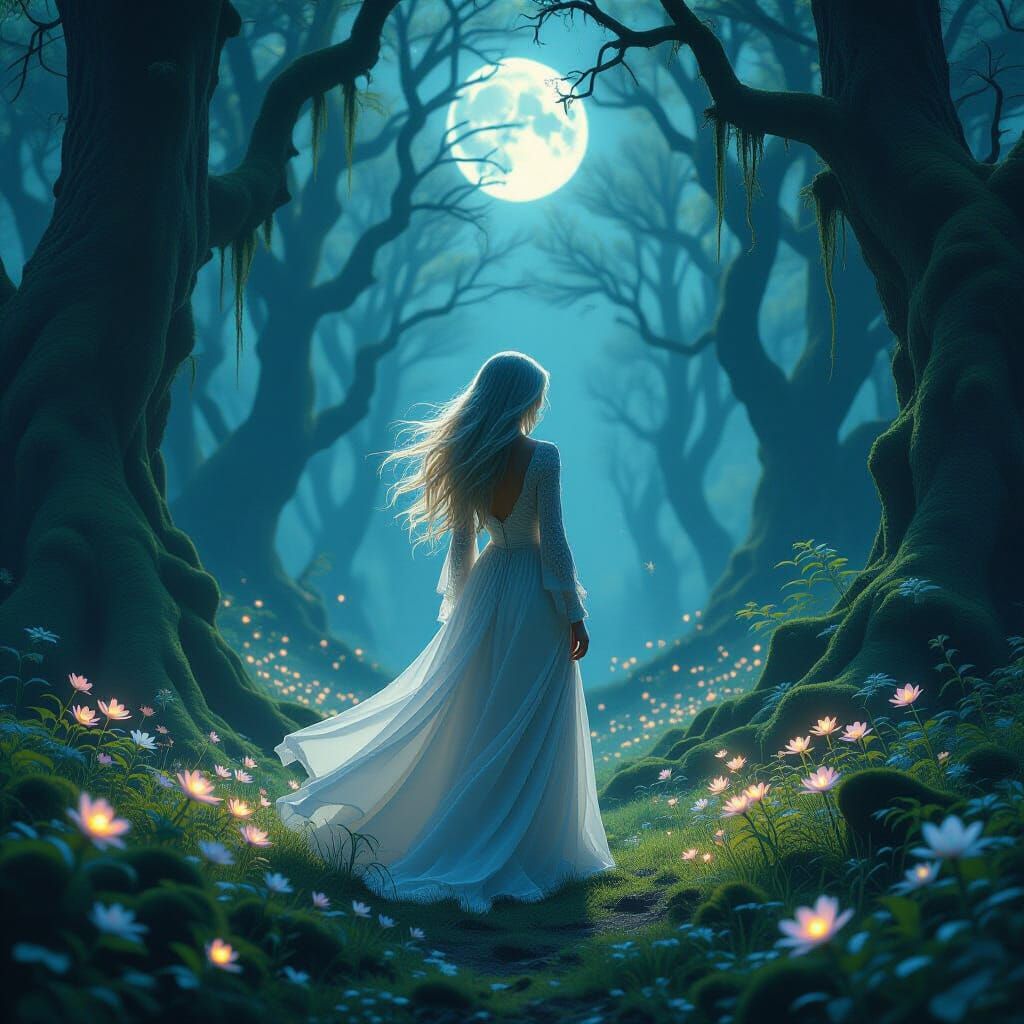 Ethereal Woman in Moonlit Forest: Surreal Concept Art