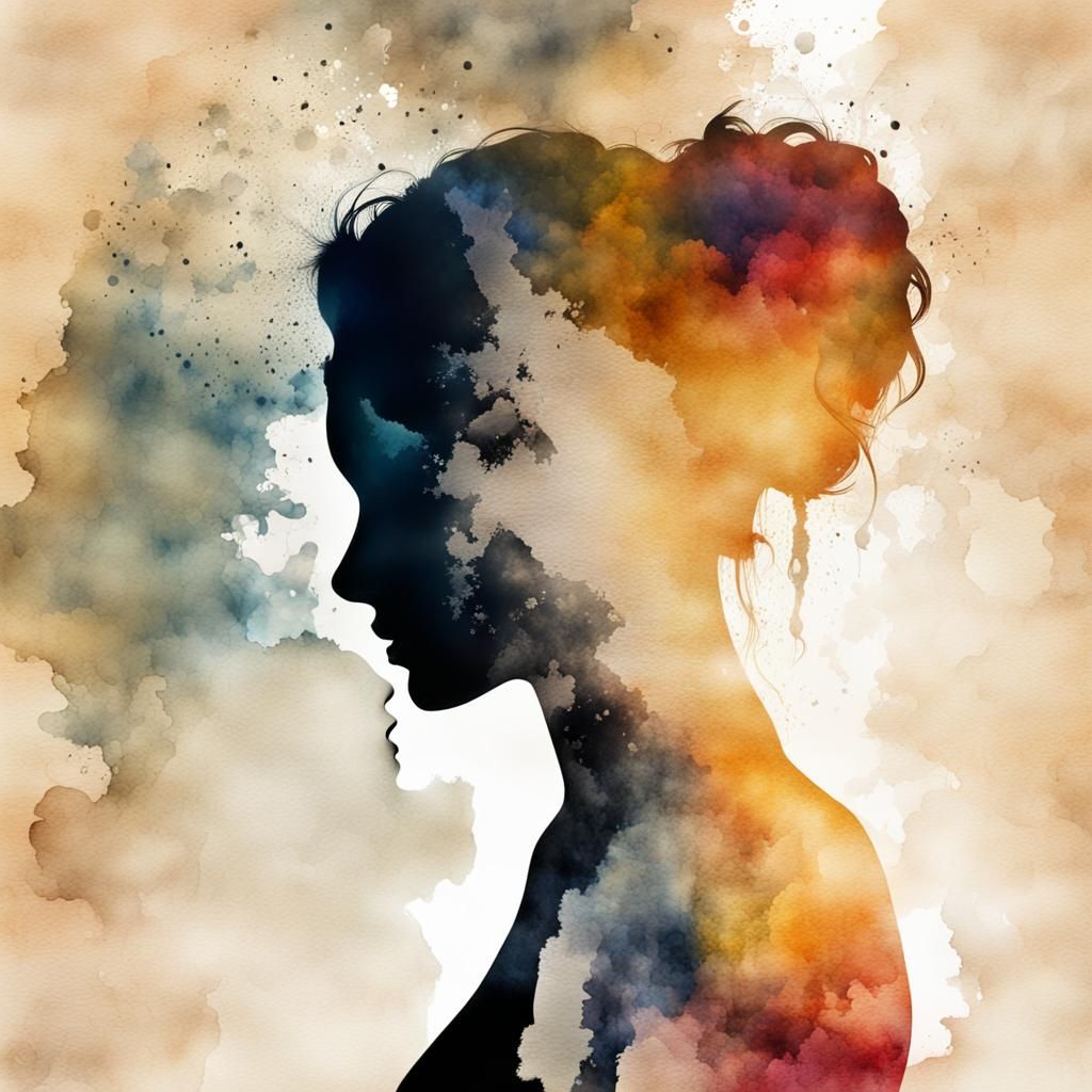 Silhouette of a woman. Multiple layers merging. Watercolor and ink.