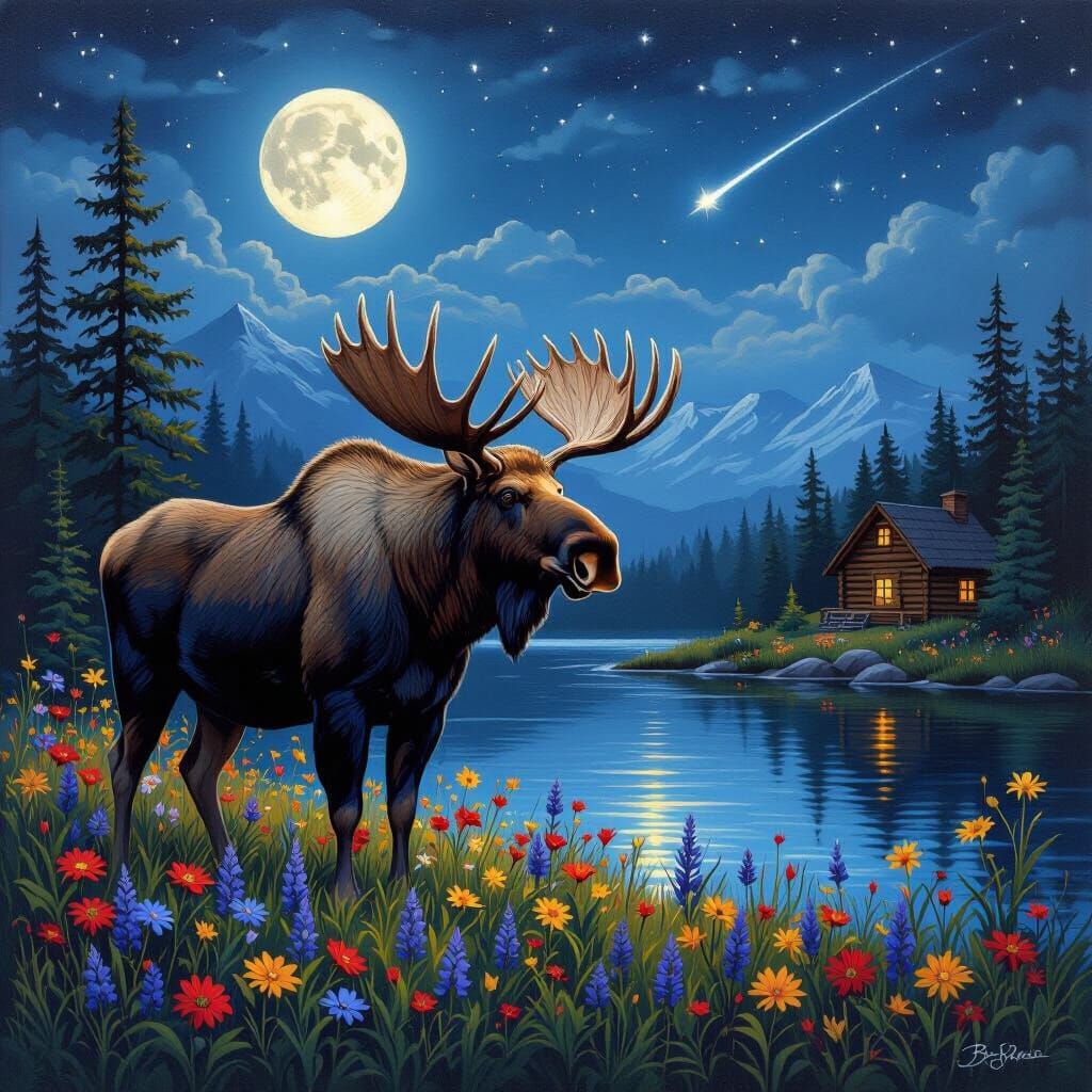 Moonlit Moose in Wildflowers, Atmospheric Lighting
