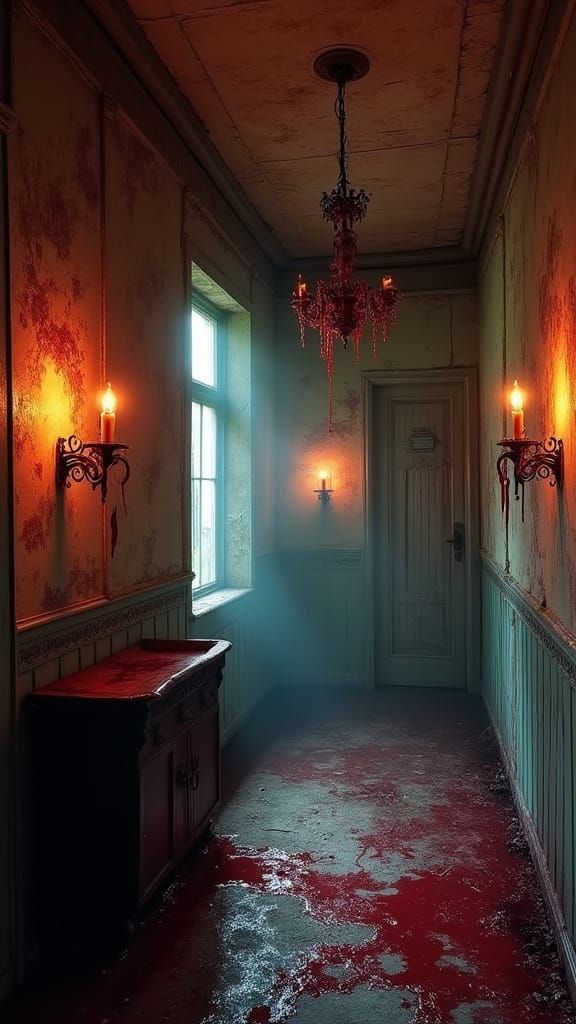 Creepy Abandoned Mansion with Dark Red Blood and Cinematic L...