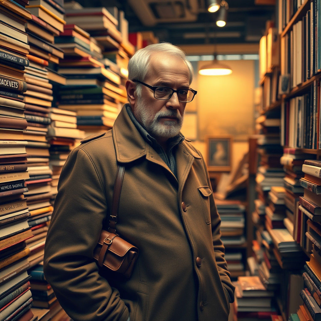 Man Contemplates Books in Warmly Lit Bookstore