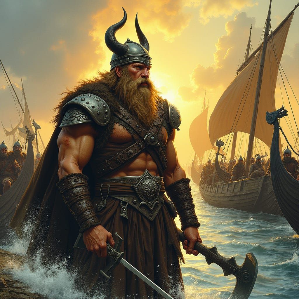 Viking Chieftain Embarks on Quest, Golden Light on the Horiz...