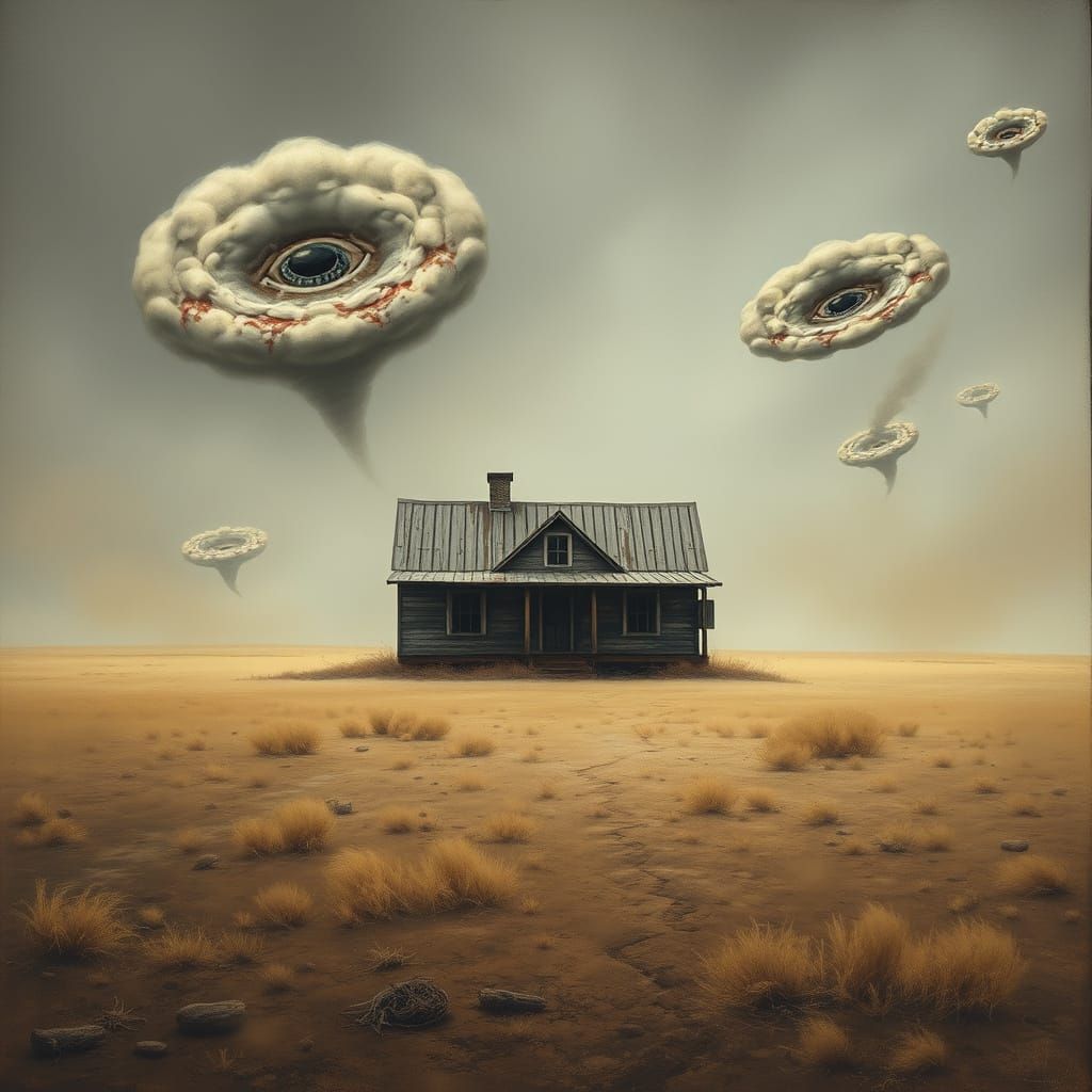 Isolated Farmhouse in Barren Field: Surreal Realism