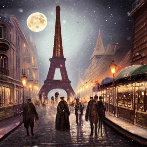 Steampunk Paris Christmas Night with Eiffel Tower
