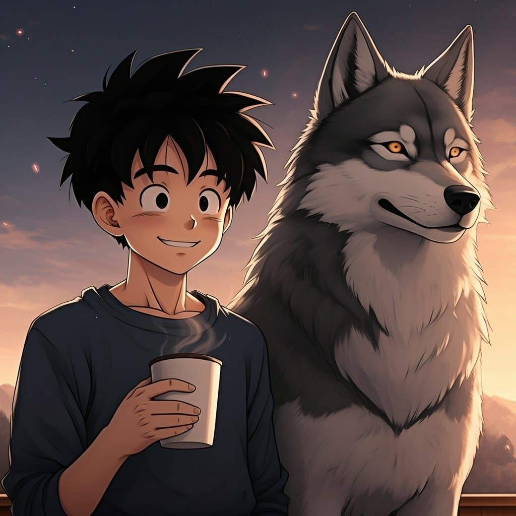 Gohan and Wolf Coffee Break: Anime Cel-Shaded Art