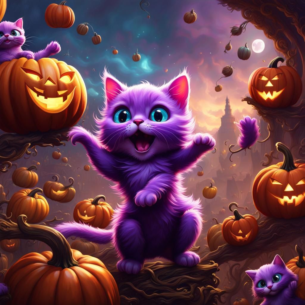 Purple Kittens Juggle Pumpkins in Fantasy Concept Art