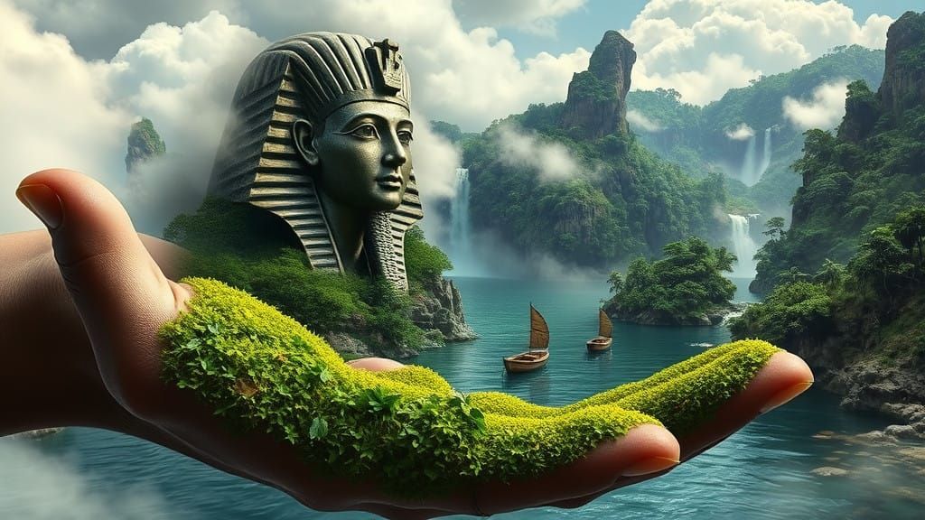 Surreal Hand Cradles Mystical Egyptian Oasis