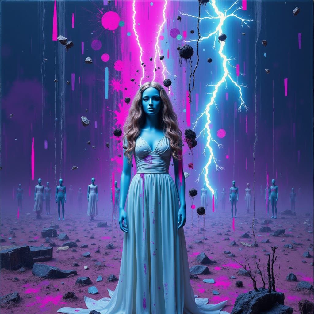 Purple Mannequin in Lightning Storm, Expressive Digital Art
