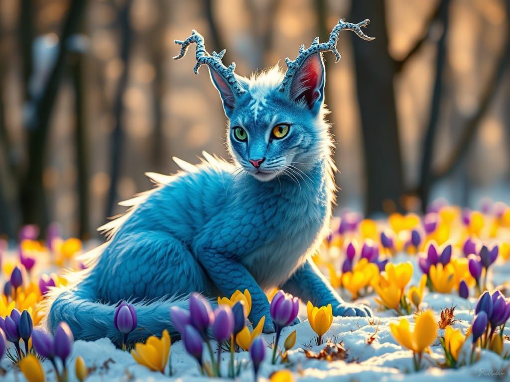 Dreamlike Dragon Cat in Winter Wonderland