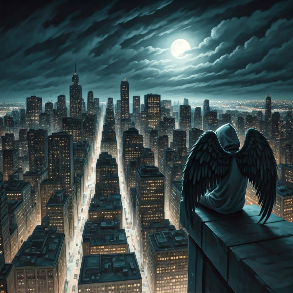 Teenage Angel Watches Skyline in Watercolour