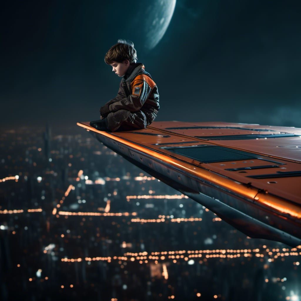 Boy on Flight Deck Gazing at Sci-Fi City