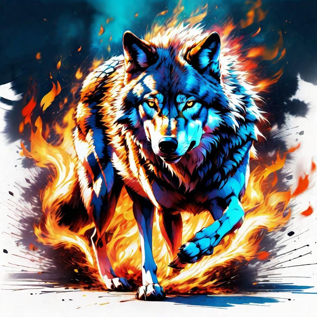 Fiery Wolf in Motion: Splash Art Style