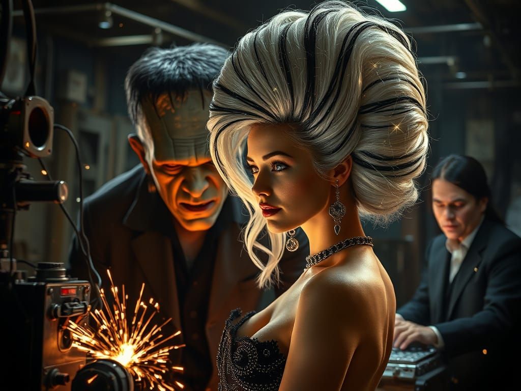 Model Poses with Frankenstein's Monster, Photorealistic