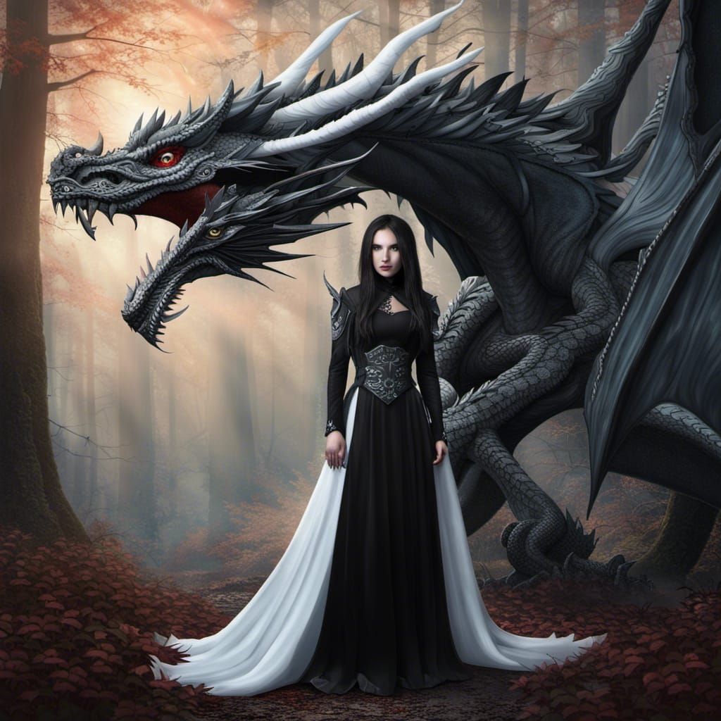 Girl with Dragon in Gothic Forest, 3D Render