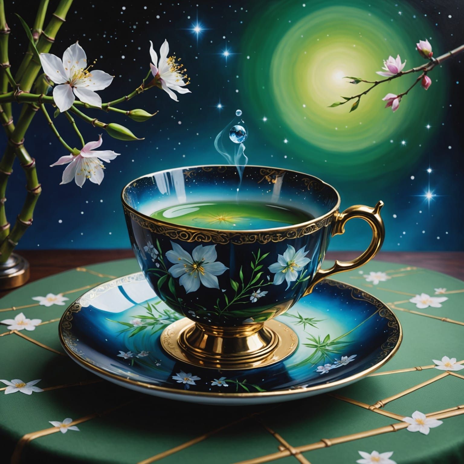 Cosmic Teacup: Airbrush Painting of Universe Reflection