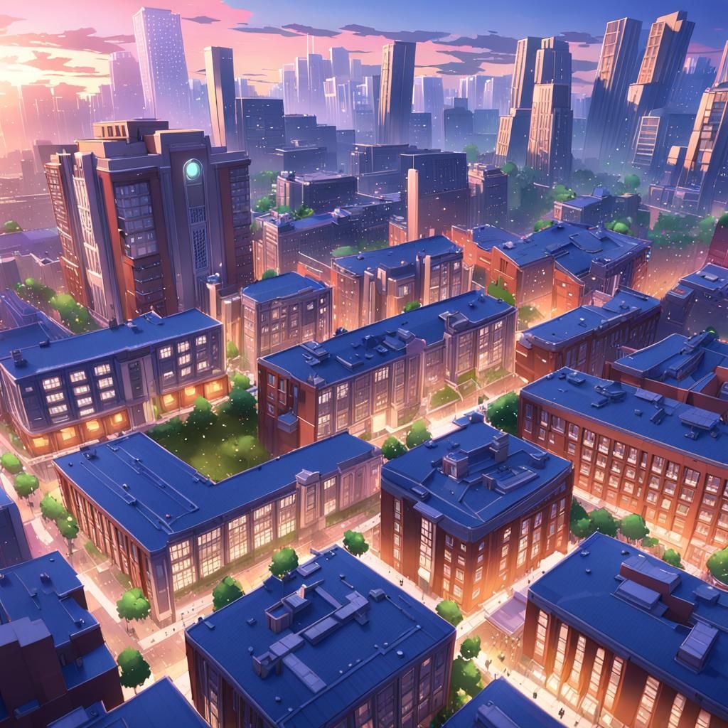 Anime University Campus Surrounded by High-Rise Buildings