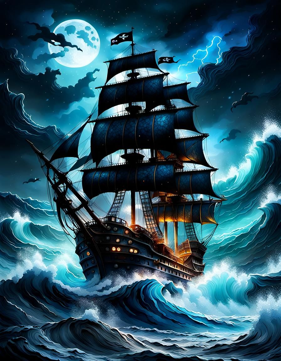 A Pirate Ship sailing the rough seas