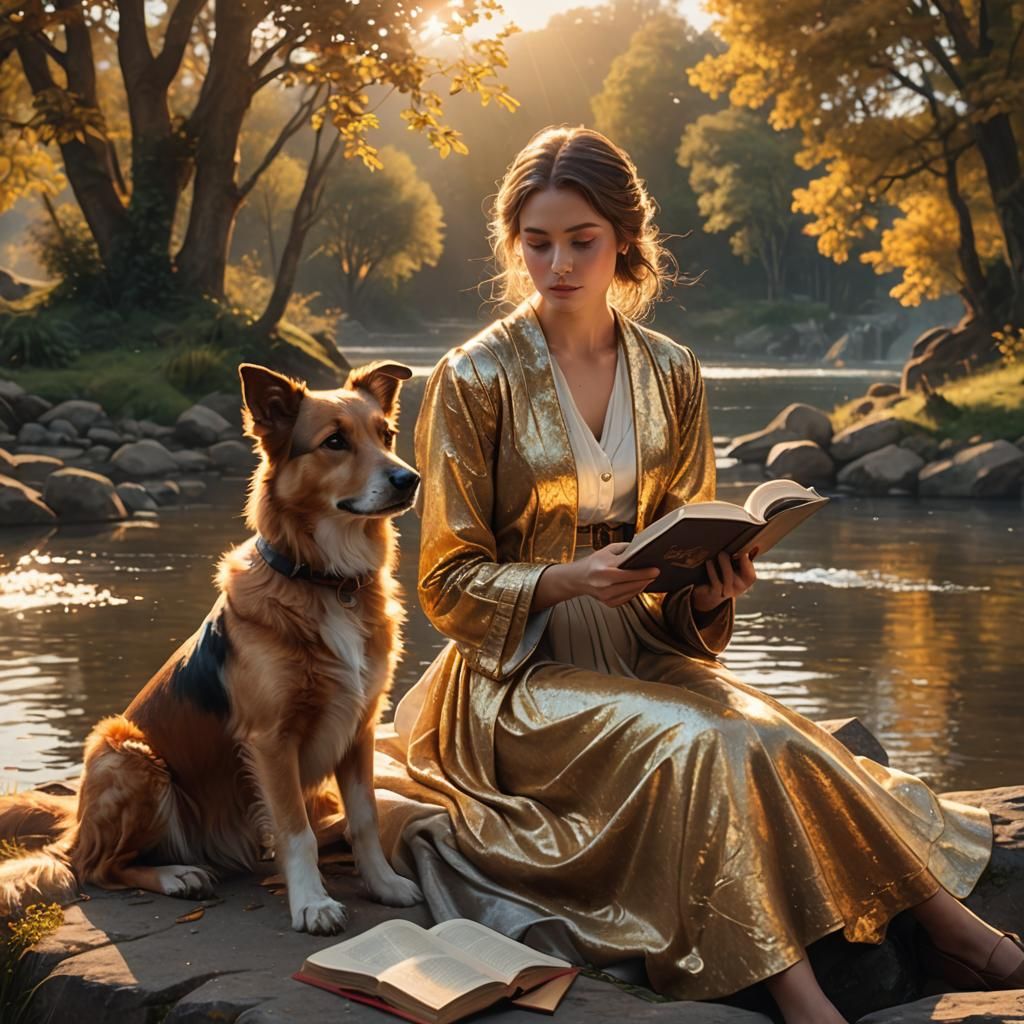 Lady Reading by River in Vibrant Oil Painting Style