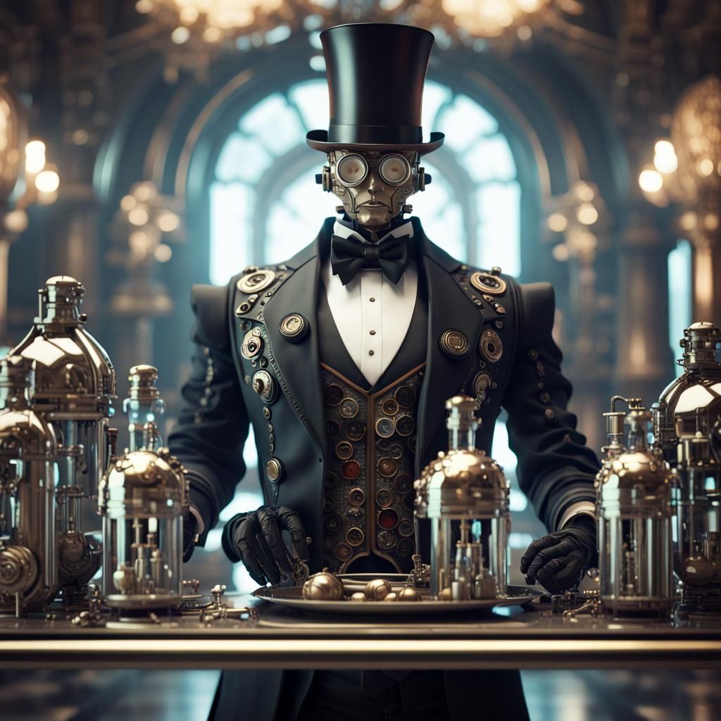Steampunk Cyber Butler Android in Dramatic Lighting