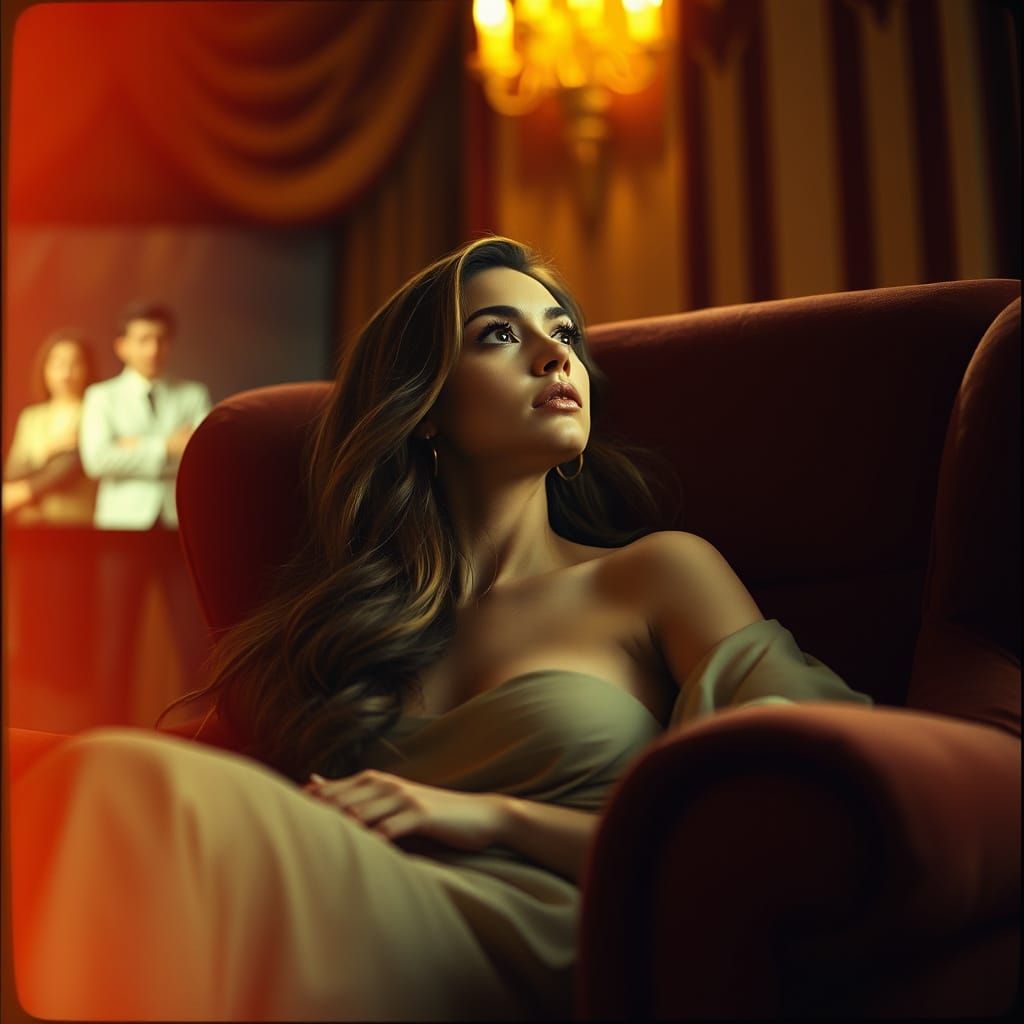 Stunning Young Woman Watches Vintage Cinema in Warm, Golden ...