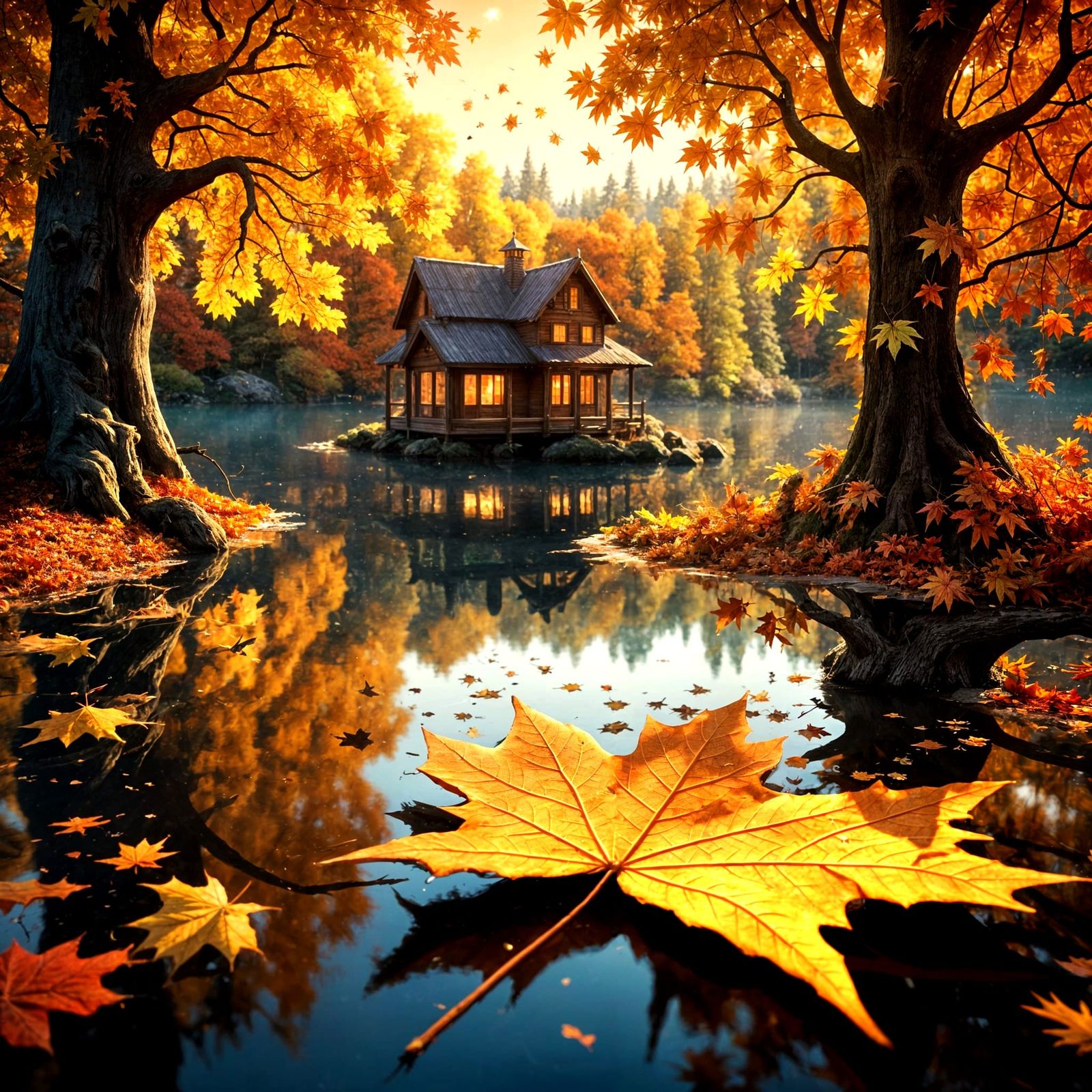 Magical Autumn Leaf Village in Ethereal Forest