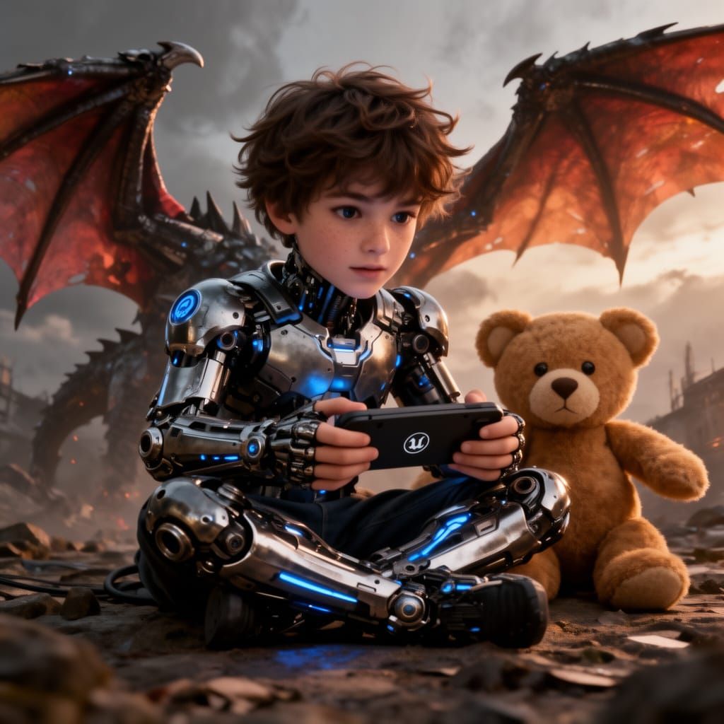 Dragon-Boy Plays Games with Teddy Bear in Sci-Fi Setting