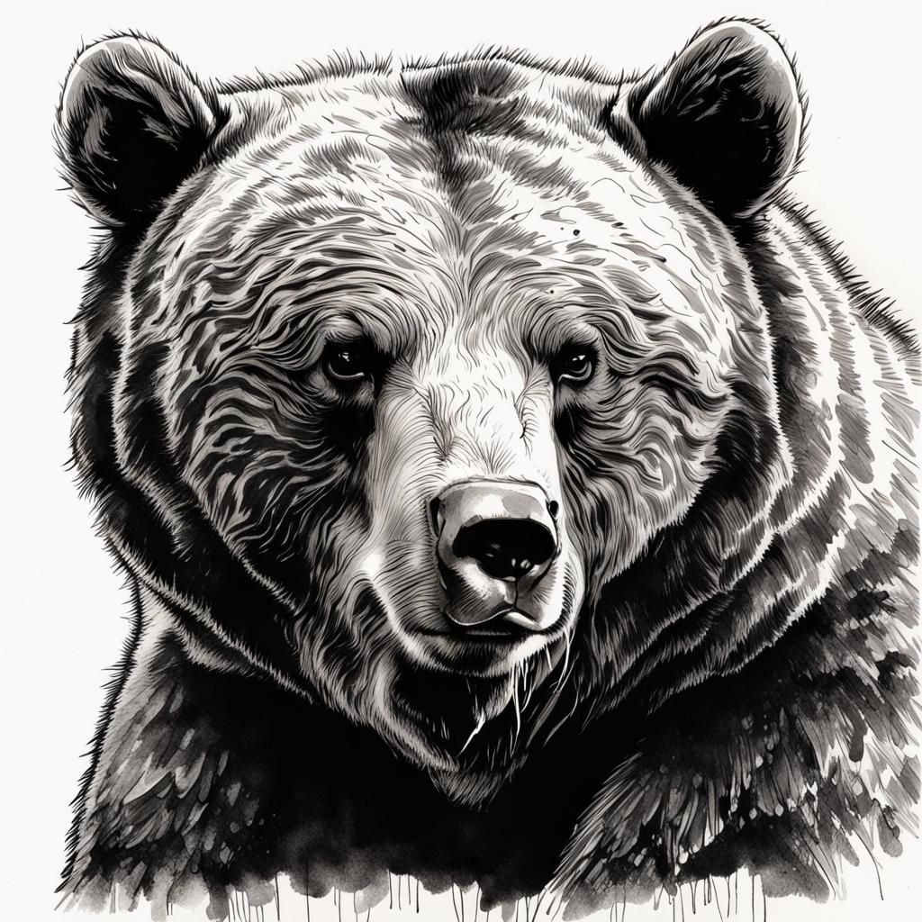 Sad Grizzly Cub Portrait in Black-Ink Sketch Style