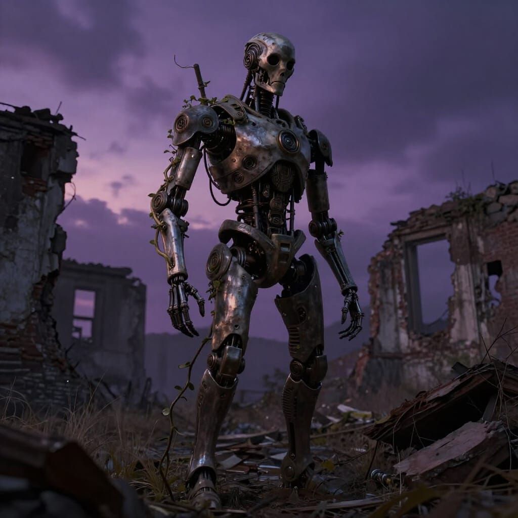 Automaton in Overgrown Ruins Under Twilight Sky
