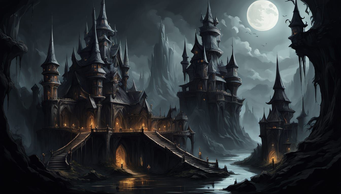 A surreal, gothic castle at night.