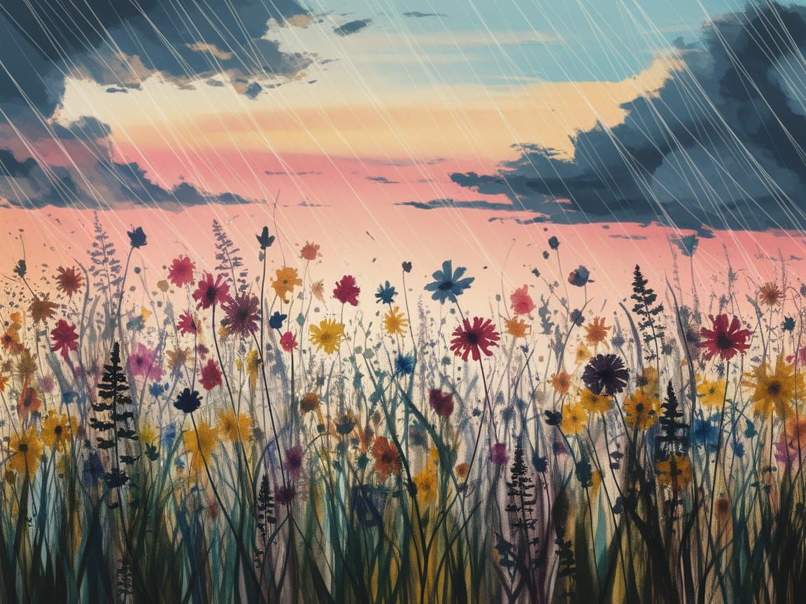Wildflower Field in Summer Rain, Mixed-Media Art