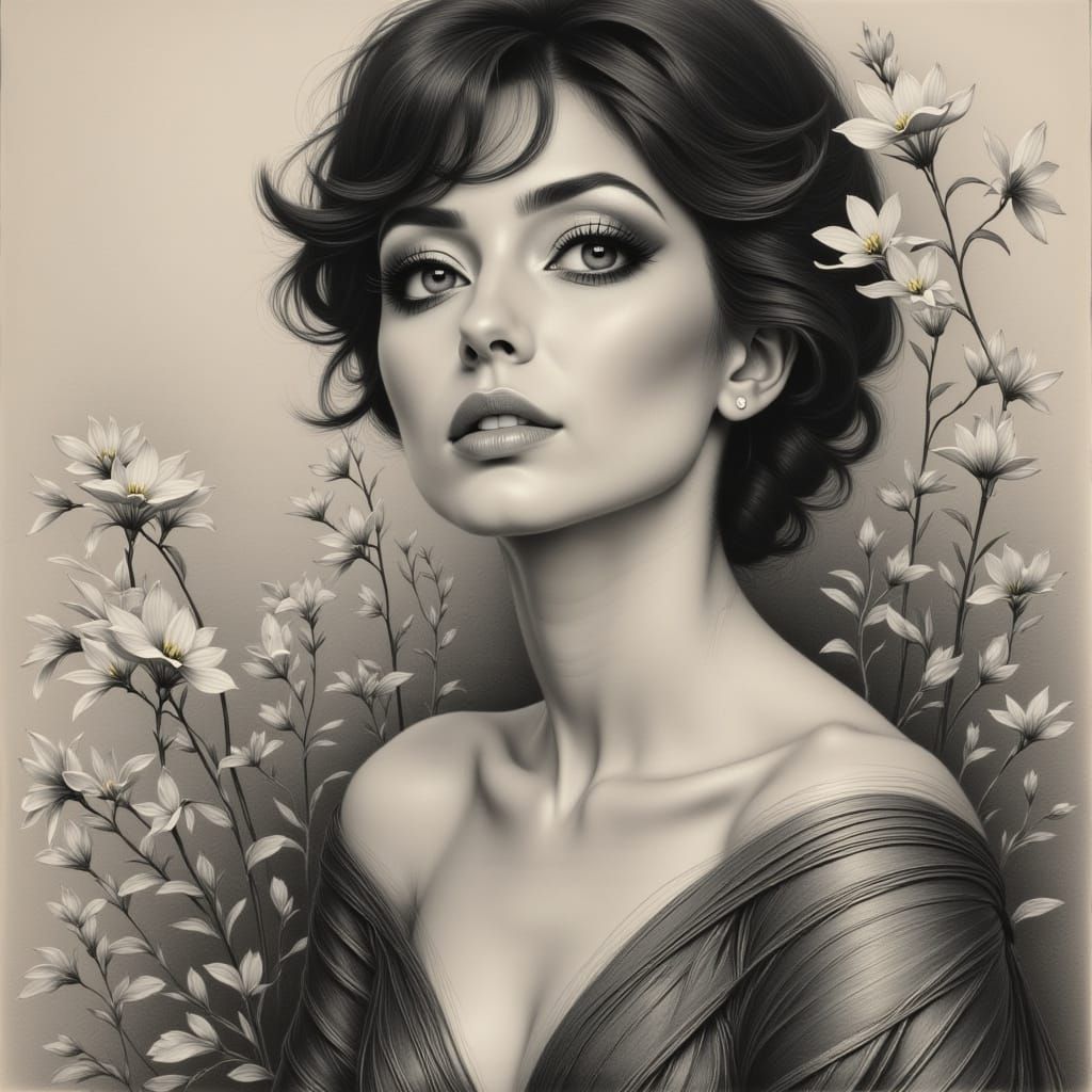 Elegant Woman in Charcoal and Pencil Style Portrait