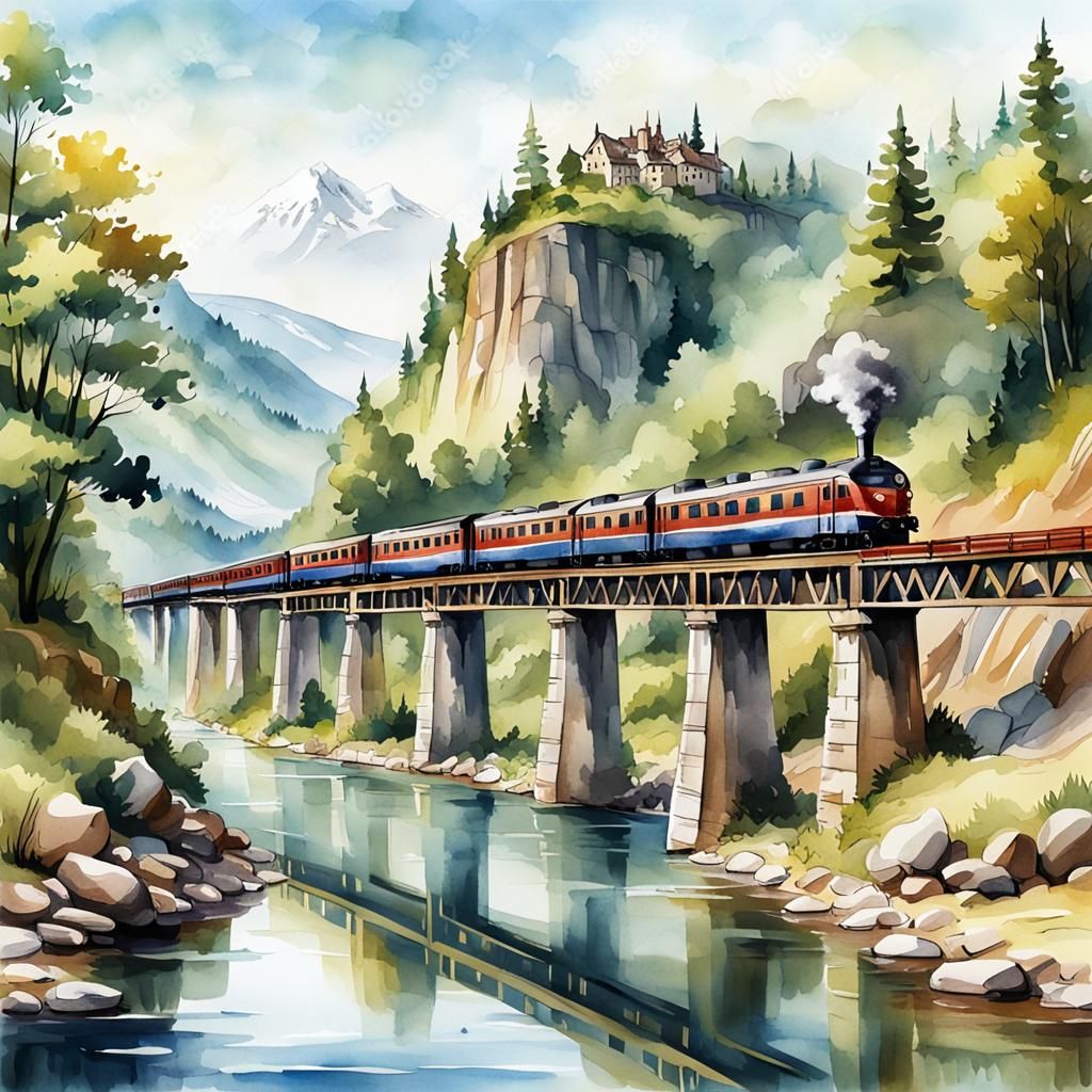 Train Journey: Digital Watercolor River Landscape
