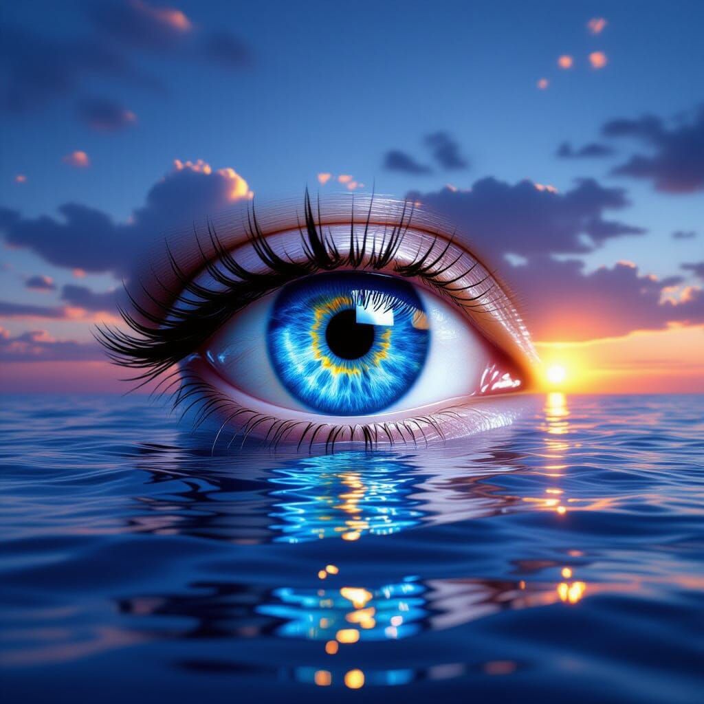 Surreal Ocean Blue Eye Reflects Sunset